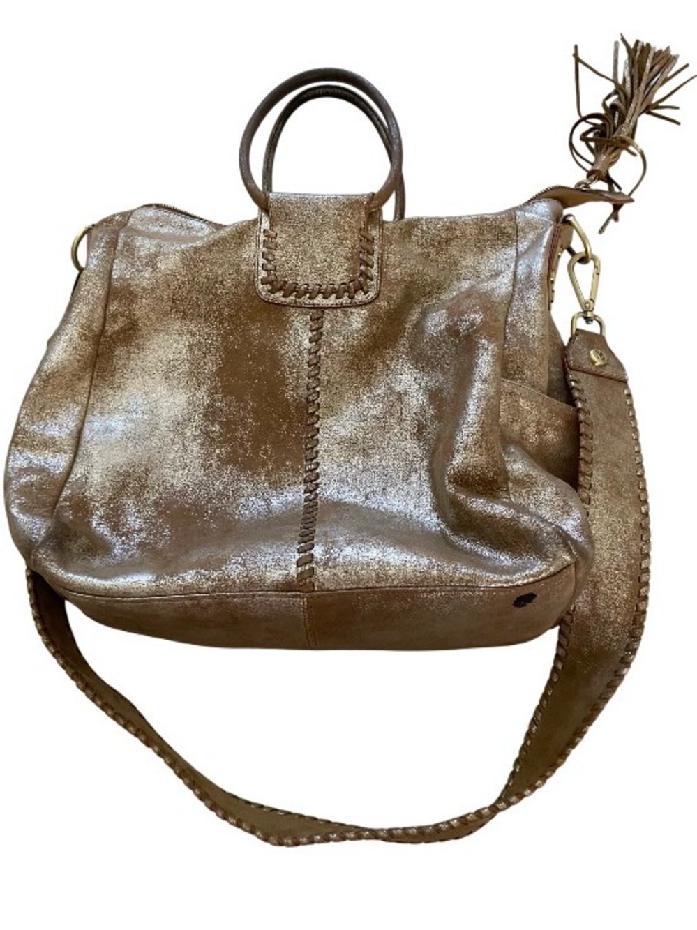 Hobo Sheila Metallic Taupe Distressed Leather Tote Shoulder Bag -one spot buttom